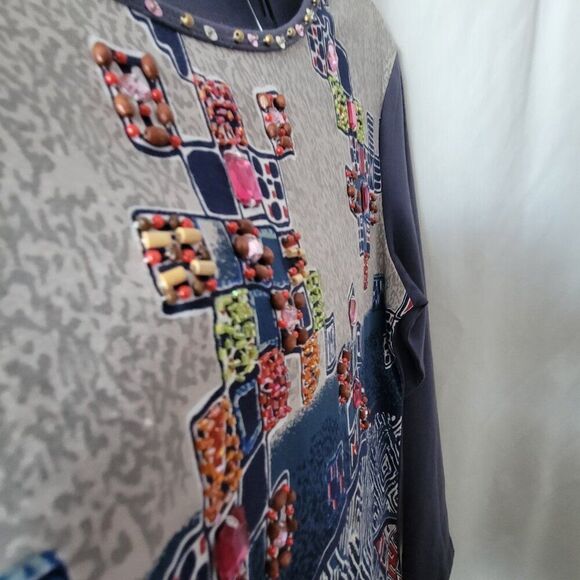 NEW Nikky Collection Large Top Beaded Rhinestones Abstract long slv Cotton NWT - Picture 4 of 11